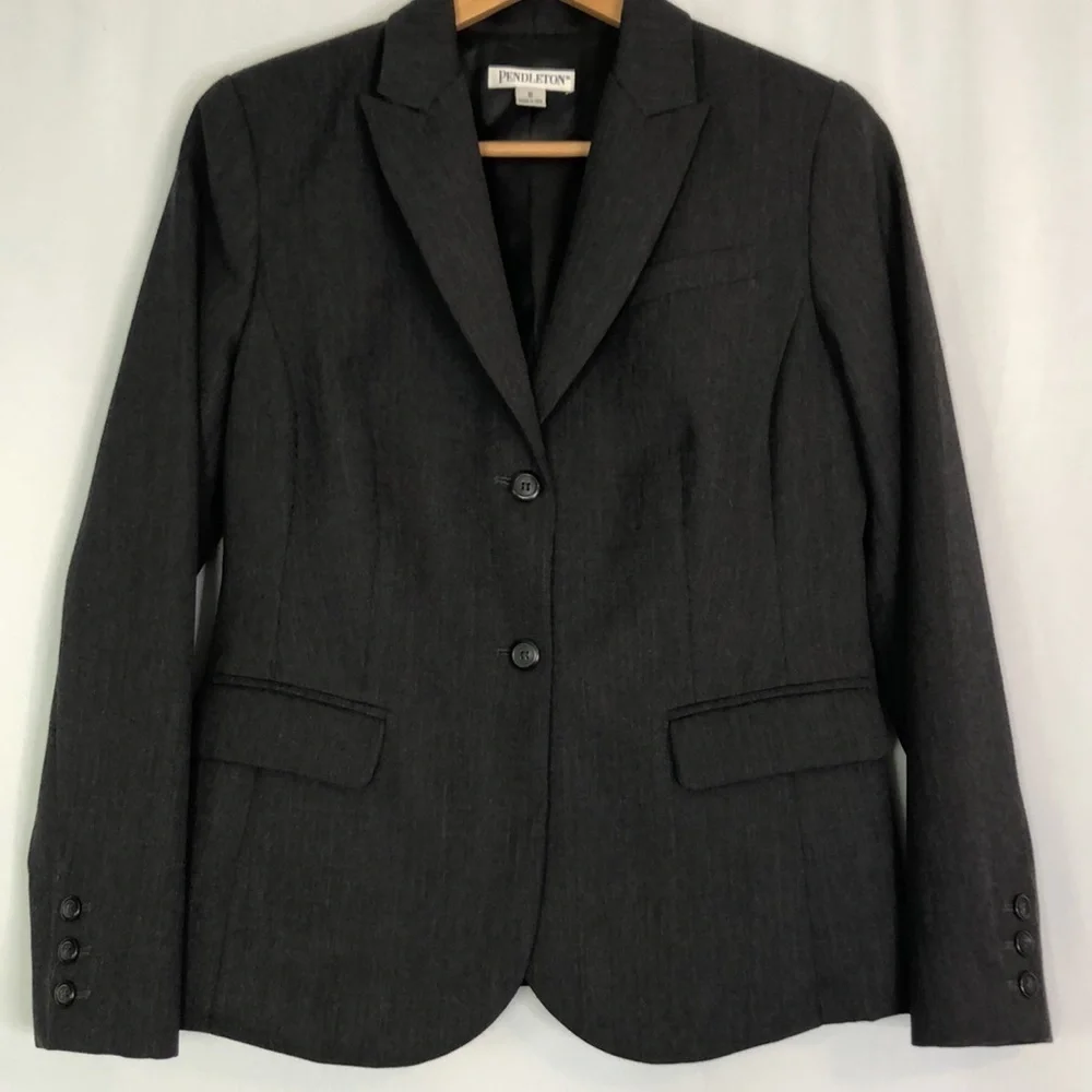 PENDLETON CLASSIC DARK GRAY 100% PURE VIRGIN WOOL BLAZER     SIZE 8